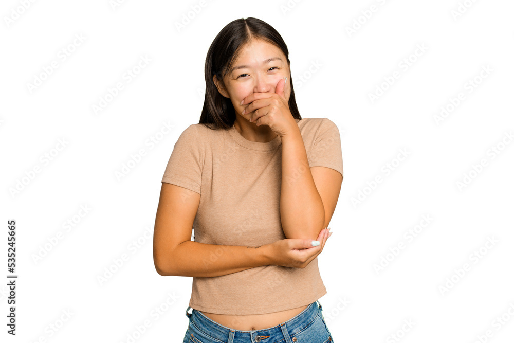 Young Asian woman isolated on green chroma background laughing happy, carefree, natural emotion. Young Asian woman isolated on green chroma background laughing happy, carefree, natural emotion.