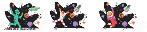 Children space explorers little astronauts and funny aliens collection. Education and adventure, exploration concept of decorative banners or stickers, flat vector illustration isolated on white.