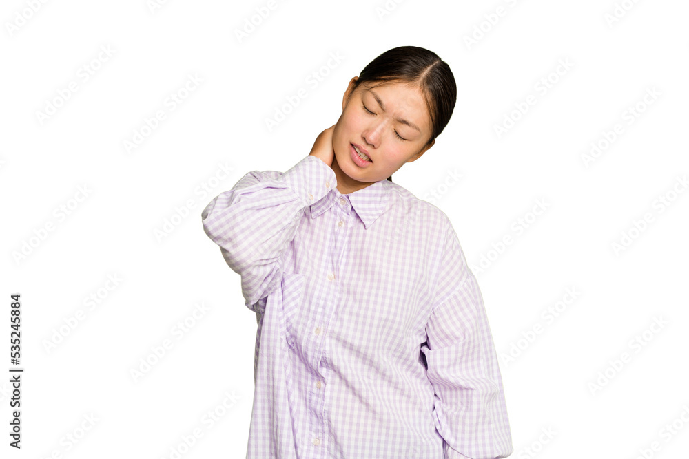 Young Asian woman isolated on green chroma background suffering neck pain due to sedentary lifestyle. Young Asian woman isolated on green chroma background suffering neck pain due to sedentary lifestyle.