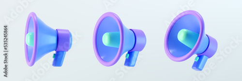 3d purple megaphone icons set isolated on gray background. Render of loudspeaker for announce attention, promotion, hiring, sale and marketing concept. Render 3d cartoon simple vector illustration