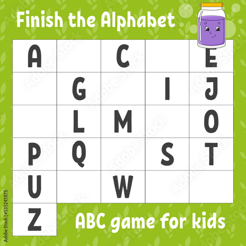 Finish the alphabet. ABC game for kids. Education developing worksheet. Learning game for kids. Color activity page.