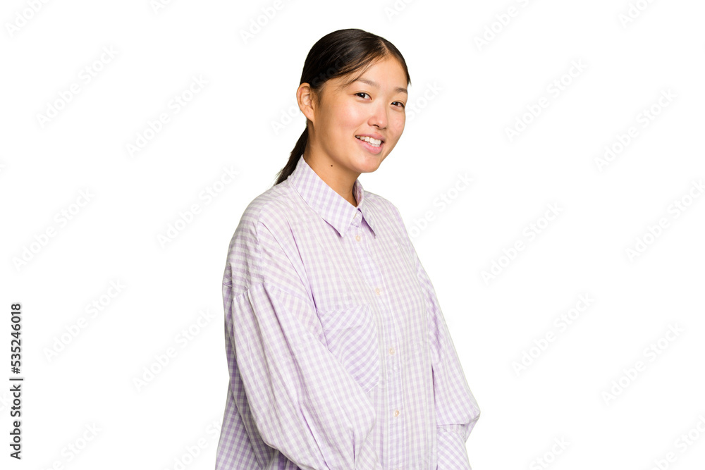 Young Asian woman isolated on green chroma background confident keeping hands on hips.
