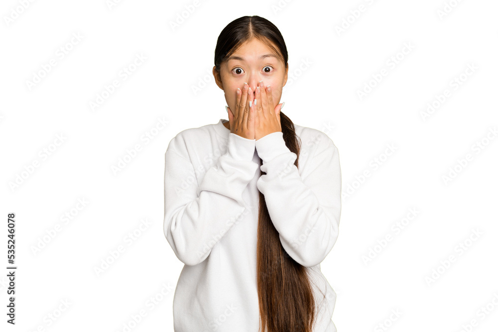 Young Asian woman isolated on green chroma background shocked, covering mouth with hands, anxious to discover something new. Young Asian woman isolated on green chroma background shocked, covering mouth with hands, anxious to discover something new.