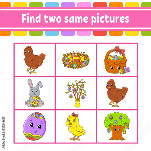 Find two same pictures. Task for kids. Education developing worksheet. Activity page. Color game for children. Easter theme. Funny character. Isolated vector illustration. cartoon style.