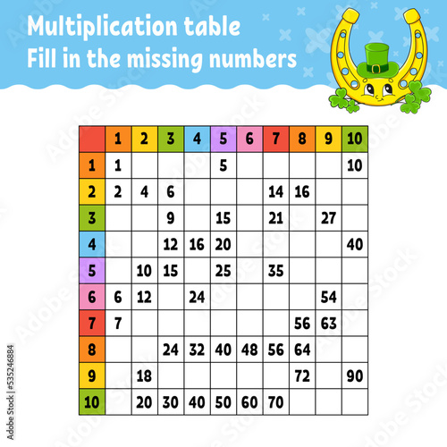 Paste the missing numbers. Learning multiplication table. Handwriting practice. Education developing worksheet. Color activity page. Game for children. Isolated vector illustration in cartoon style.