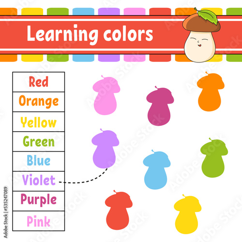 Learning colors. Education developing worksheet. Activity page with pictures. Game for children. Funny character. cartoon style. Vector illustration.
