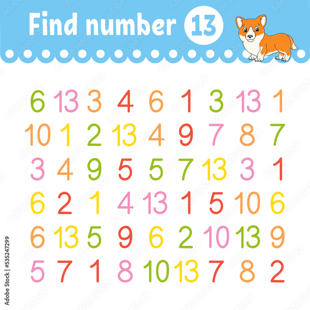 Find number. Education developing worksheet. Activity page with pictures. Game for children. Funny character. cartoon style. Vector illustration.