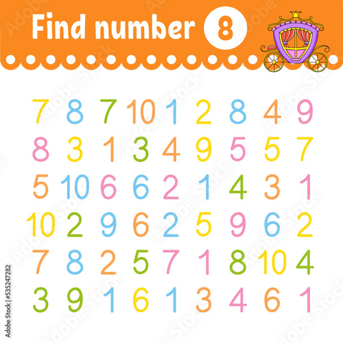 Find number. Education developing worksheet. Activity page with pictures. Game for children. Funny character. cartoon style. Vector illustration.