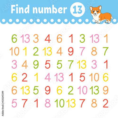 Find number. Education developing worksheet. Activity page with pictures. Game for children. Funny character. cartoon style. Vector illustration.