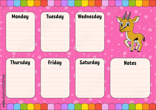 School schedule. Timetable for schoolboys. Empty template. Weekly planer with notes. Isolated color vector illustration. cartoon character.