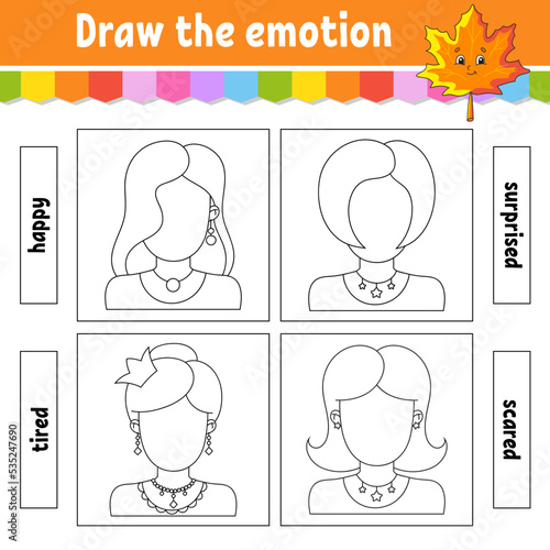 Draw the emotion. Worksheet complete the face. Coloring book for kids. Cheerful character. Vector illustration. Black contour silhouette. Vector illustration.
