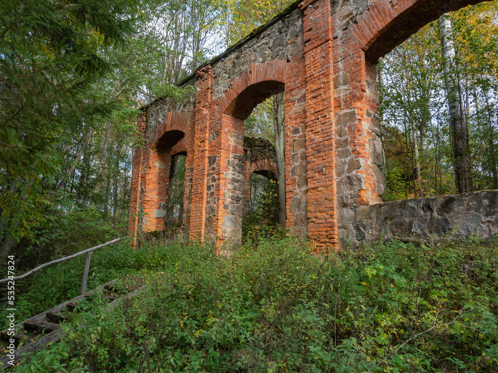 The ruins of the buildings of the iron-smelting plant of the 19th century in the ore park 