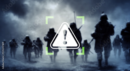 Photos marching army and warning sign.