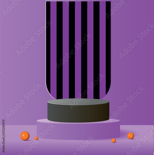 Abstract cream 3D room with set of realistic orange and purpure cylinders pedestal podium. Geometric forms element. Minimal scene for product display presentation. Round stage for showcase