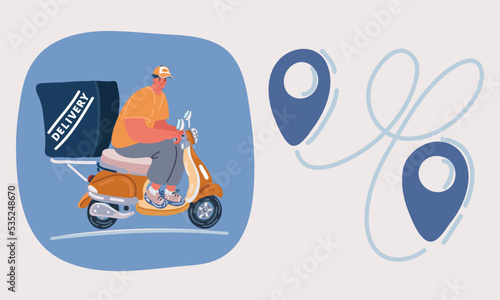 Vector illustration of man from delivery service motorcycle on the road. Location pin and destination