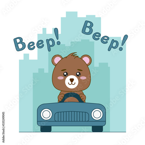 Cute bear driving the car cartoon illustration