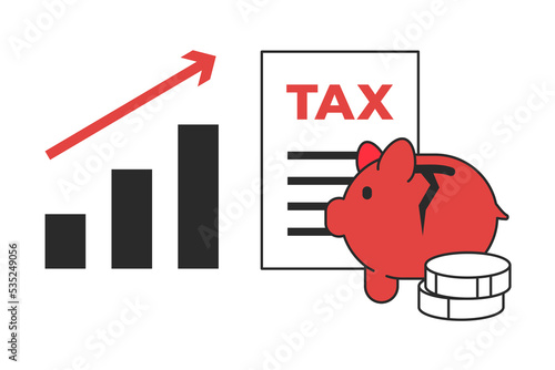 The graph of tax growth. The concept of inflation, high taxes and low income. The crisis of the financial system. Vector illustration.