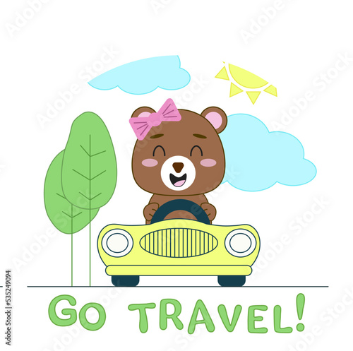 Cute bear driving the car cartoon illustration
