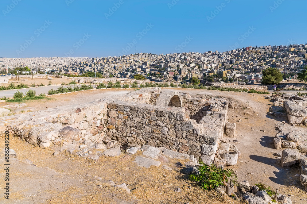 A view towards a well in the citadel in Amman, Jordan in summertime