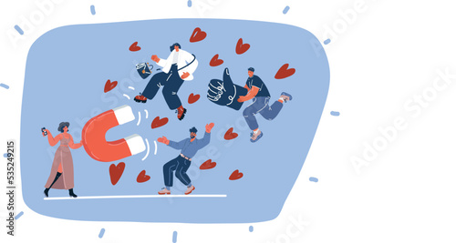 Vector illustration of Attracting followers, follow us on social media, subscriber counting concept. Man Holding Magnet Attracting Likes, Feedback and Followers in Internet. Smm Influencer Strategy.