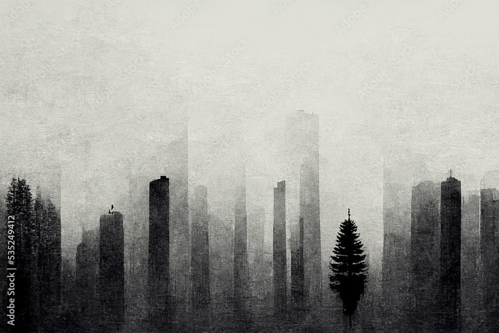 Black and white forest scene as background illustration in minimalism art style - obrazy, fototapety, plakaty 