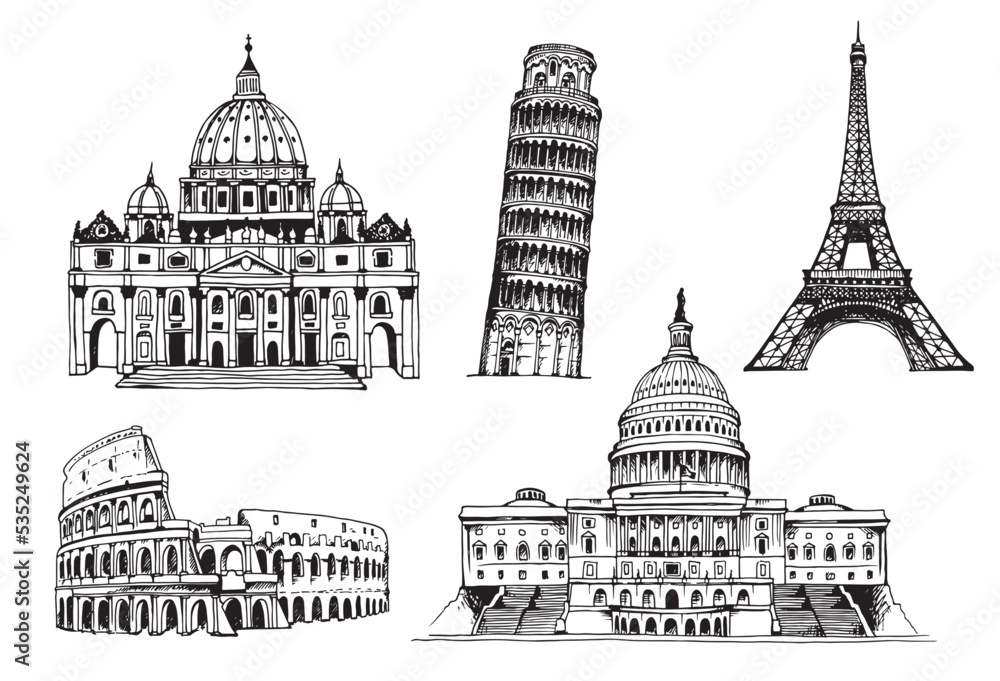 United States Capitol Building, Eiffel Tower, Tower of Pisa, Coliseum, St. Peter's Basilica, world landmark vector set