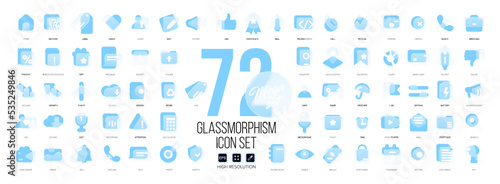 Mega set of vector icons in glass morphism modern trendy style. Blue and transparency glass. 72 icons in a single style of business, finance, UX UI