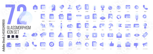 Mega set of vector icons in glass morphism modern trendy style. Purple and transparency glass. 72 icons in a single style of business, finance, UX UI