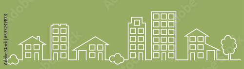 City street line art, town panorama vector illustration. Small and big houses, buildings with garage, city apartments, skyscrapers, trees and bushes. Urban panorama, city streen view. Cottage estate.