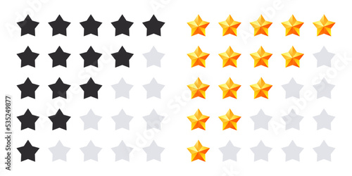 Stars icons. Product rating or customer review with gold stars. Shine sparkle icon. Vector icons