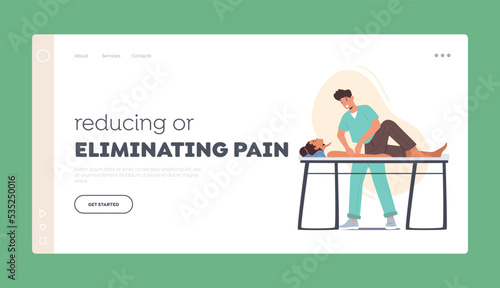 Reducing or Eliminating Pain Landing Page Template. Rehab Therapy, Physiotherapy Treatment. Patient At Rehabilitation