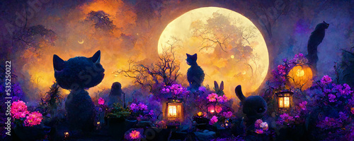 2 cats silhouette in halloween taste landscape	