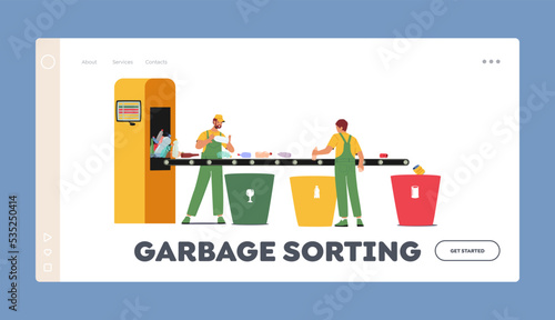 Garbage Sorting Landing Page Template. Manufacturing Service, Wastes Recycling Technological Process at Factory Conveyor