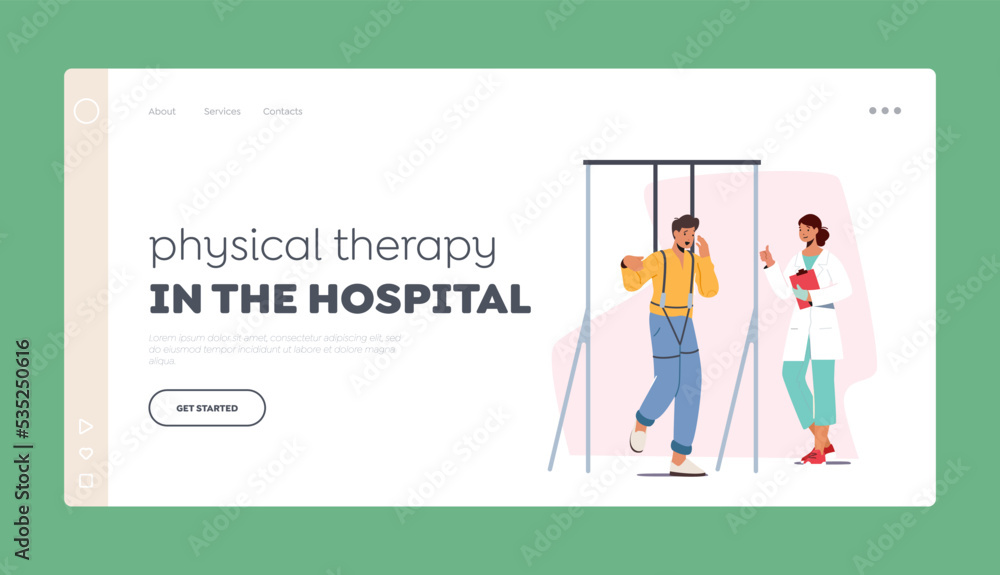 Physical Therapy in Hospital Landing Page Template. Injured Character with Disability Apply Treatment or Rehabilitation Physical Therapy in Hospital Landing Page Template. Injured Character with Disability Apply Treatment or Rehabilitation