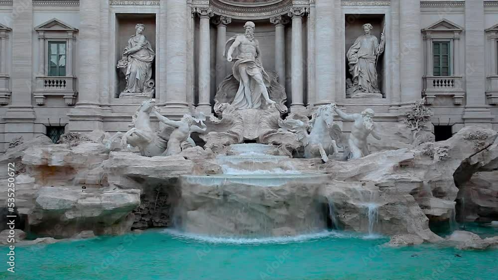 Trevi Fountain, the facade. The famous Trevi fountain in Rome, italy. Daylight footage with natural light, no people. The splendid white marble facade with sculptures and waterfalls. Trevi Fountain, the facade. The famous Trevi fountain in Rome, italy. Daylight footage with natural light, no people. The splendid white marble facade with sculptures and waterfalls.