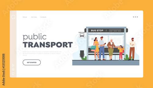 Passengers Use Public Transport Service Landing Page Template. People Waiting on Bus Stop, Men, Women, Granny, Child