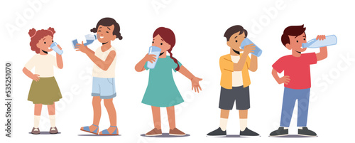 Children Summer Refreshment, Body Hydration. Kids Drinking Clean Water. Little Boys And Girls With Cups And Bottles
