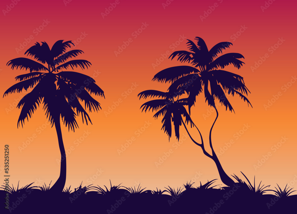 Tropical palm tree vector landscape. Silhouette tree on red sunset. Orange  beach. Digital exotic artwork. Island background.