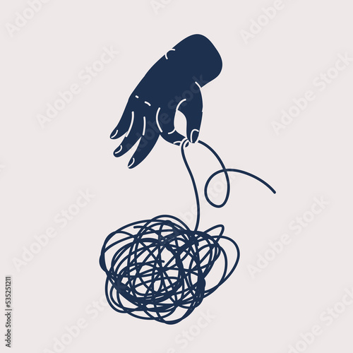 Vector illustration of illustration of a hand pull a tangled thread. Black and white image