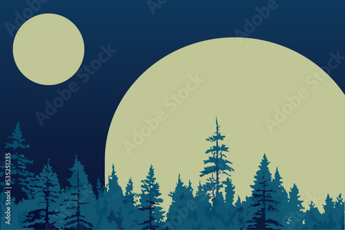 Big moon night sky vector illustration. Beautiful landscape with pine trees.