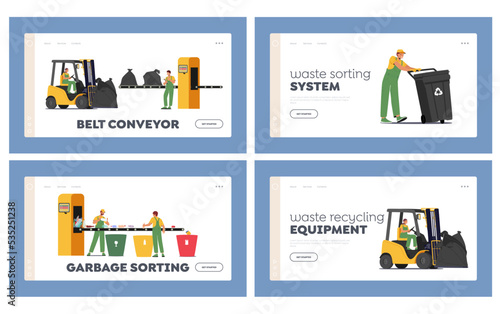 Wastes Recycle Factory Landing Page Template Set. Characters Working on Waste Recycling Plant with Conveyor, Containers