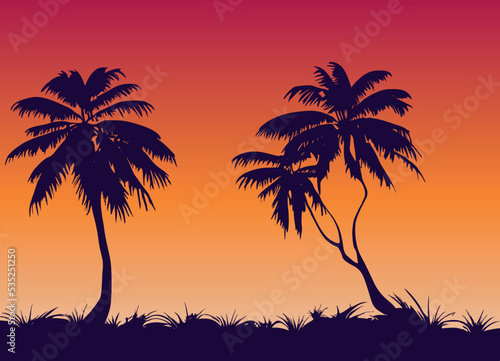 Tropical palm tree vector landscape. Silhouette tree on red sunset. Orange beach. Digital exotic artwork. Island background.