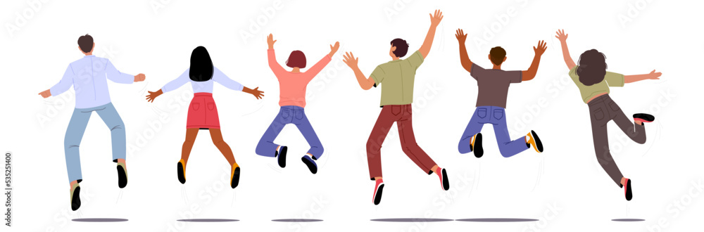 Multinational Happy People Jumping Raising And Waving Hands Rear View. Young Male And Female Characters Feel Happiness