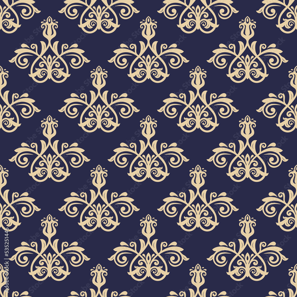 Classic seamless pattern. Dark blue and golden damask orient ornament. Classic vintage background. Orient ornament for fabric, wallpaper and packaging Classic seamless pattern. Dark blue and golden damask orient ornament. Classic vintage background. Orient ornament for fabric, wallpaper and packaging