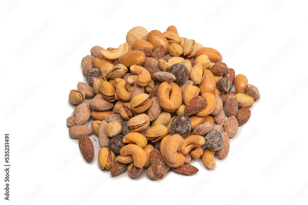 A group of almonds, pistachios, walnuts, macadamia, cashews. A group of almonds, pistachios, walnuts, macadamia, cashews.