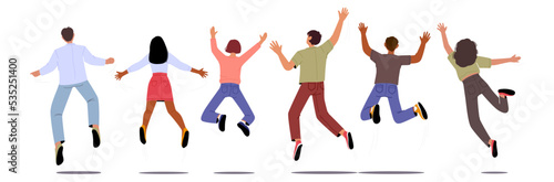 Multinational Happy People Jumping Raising And Waving Hands Rear View. Young Male And Female Characters Feel Happiness