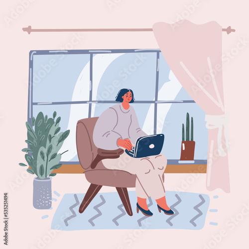 Vector illustration of woman sitting in armchair and using laptop. Lady surfing or working at home. Armchair critic