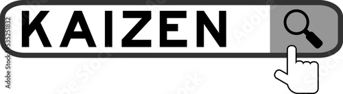 Search banner in word kaizen with hand over magnifier icon on white background