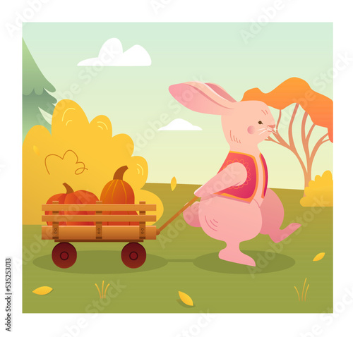 Cute bunny with harvest. Little rabbit is carrying pumpkin in a cart. Thanksgiving day. Autumn Character Outdoors. Seasonal vector illustration in cartoon style.