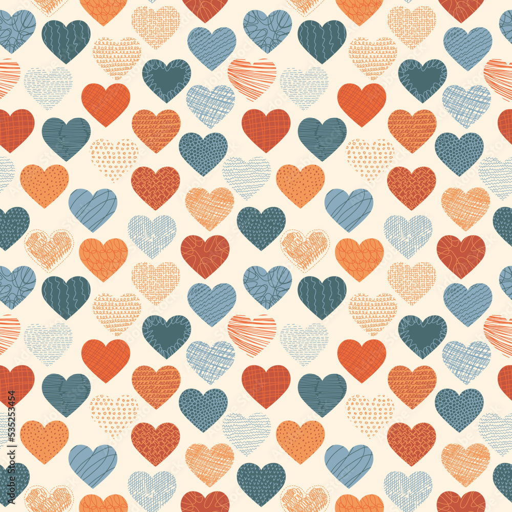 Vector seamless pattern of hand drawn hearts. Simple texture of curves, lines, spirals and spots. Contemporary trend illustration. Doodle abstract background, wallpaper. Original concept design Vector seamless pattern of hand drawn hearts. Simple texture of curves, lines, spirals and spots. Contemporary trend illustration. Doodle abstract background, wallpaper. Original concept design